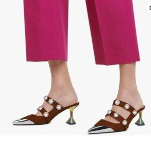 YDN Wine Pointed Toe Pearl Mules Double Strap Metal Cocktail Mid Heel Sandal